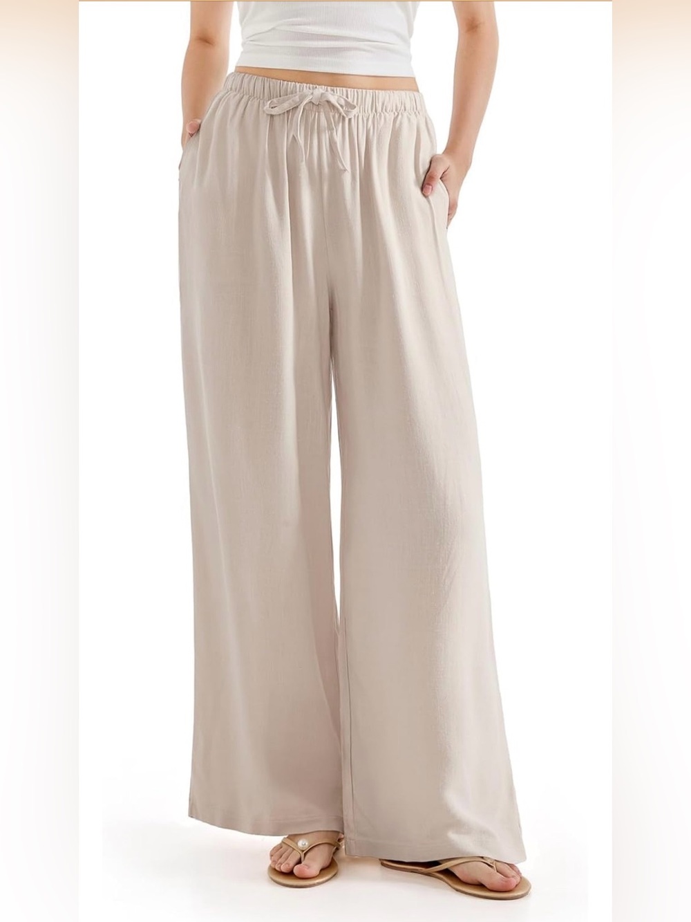 Essential Wide-Leg Drawstring Pants — Beige